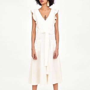 Zara Trafaluc cream white linen ruffle midi dress